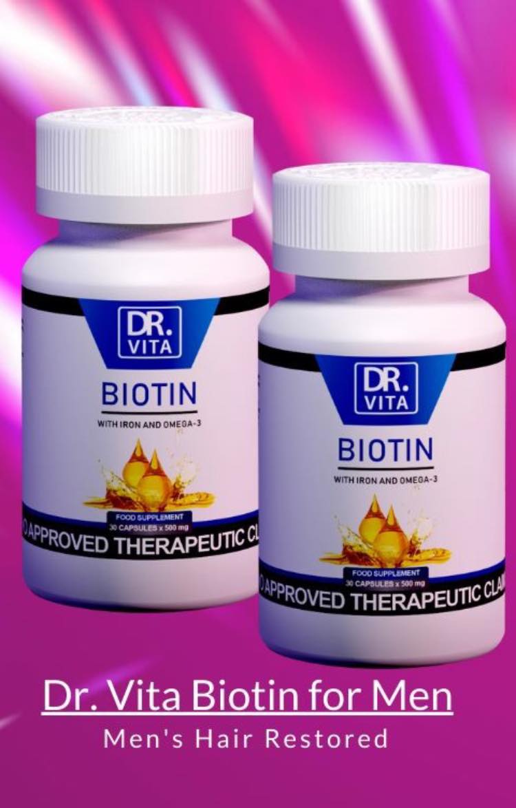 Dr. Vita Biotin for Men with Iron and Omega 3 - For Hair Loss Restoration  and Prevention - 500mg x 30 capsules | Shantahl Health & Wellness Products